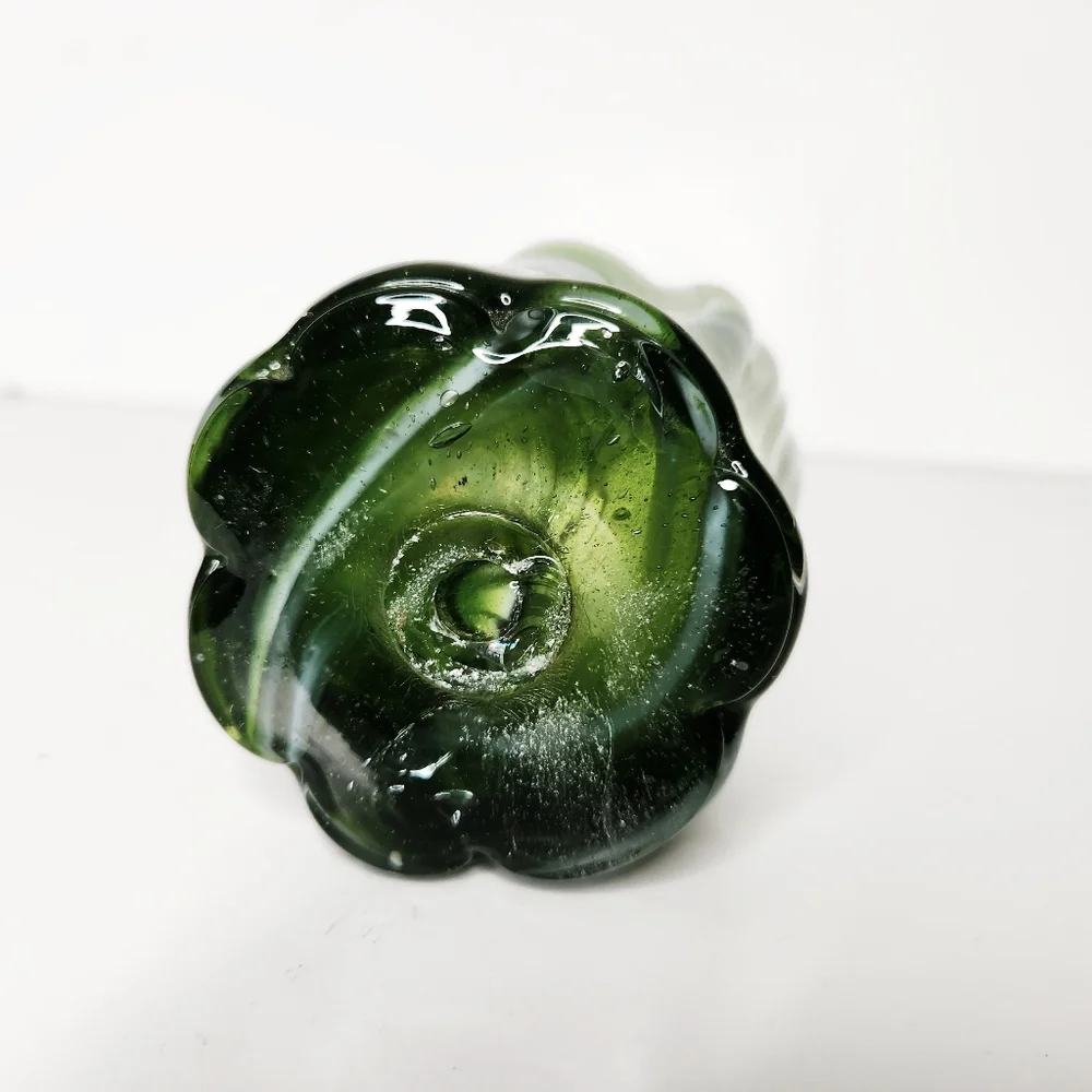 Vintage Hand Blown Stretch Art Glass Basket Vase Green White Swirls 5 1/2 Inches